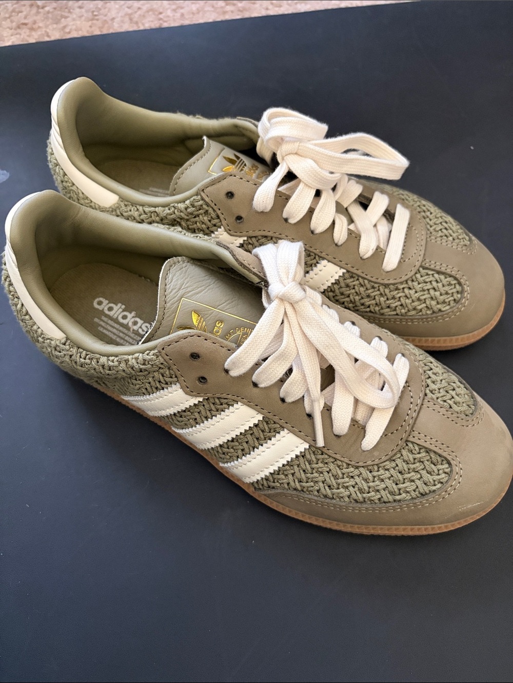 adidas Olive Green and White Raffia-Panel Sneakers
